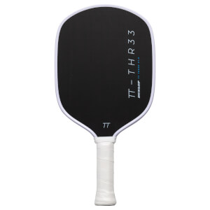 Front view of a black pickleball paddle with a white edge and grip, featuring vertical text that reads TT - THR33 and DUNLOP TT THREE V1.0.