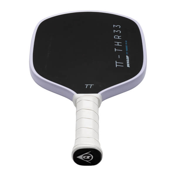 Bottom-up view of the black TT-THR33 pickleball paddle featuring a white edge guard and handle grip with the Dunlop logo on the end cap.