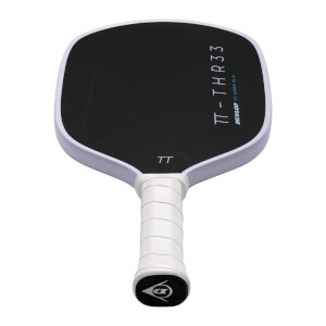 Bottom-up view of the black TT-THR33 pickleball paddle featuring a white edge guard and handle grip with the Dunlop logo on the end cap.