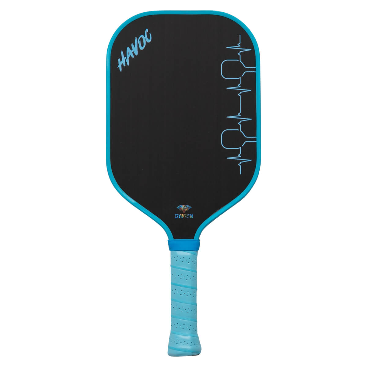 Front view of the black Dymon Havoc paddle with a blue border and grip, showing blue "HAVOC" text in the corner and a heartbeat design on the right.