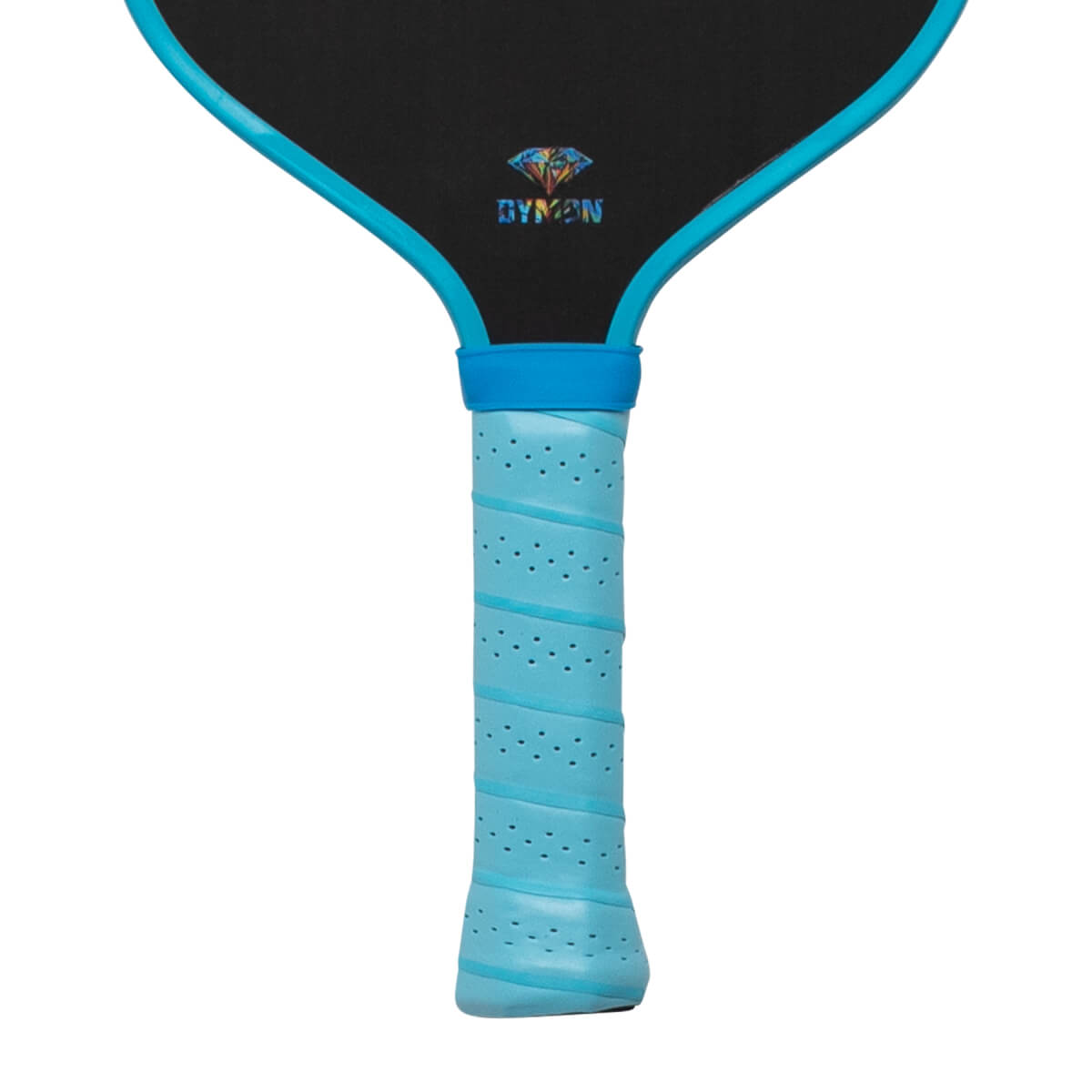 Close-up view of the black paddle face and light blue perforated handle featuring a bright blue rim and the colorful DYMON logo with a diamond icon.