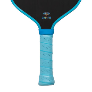 Close-up view of the black paddle face and light blue perforated handle featuring a bright blue rim and the colorful DYMON logo with a diamond icon.