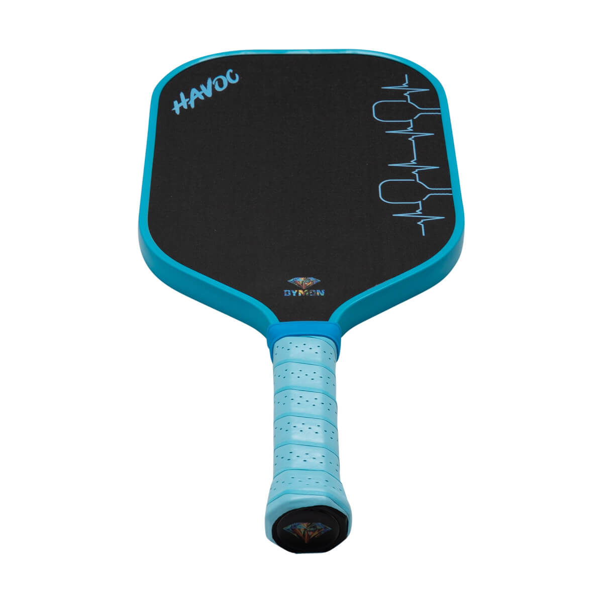 Front view of a black pickleball paddle with blue trim and a blue perforated grip, featuring the words 'HAVOC' and 'DYMON' on the face.