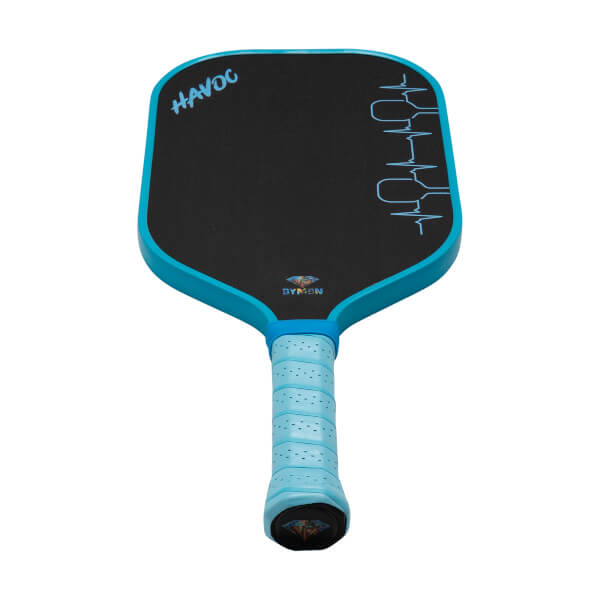 Front view of a black pickleball paddle with blue trim and a blue perforated grip, featuring the words 'HAVOC' and 'DYMON' on the face.