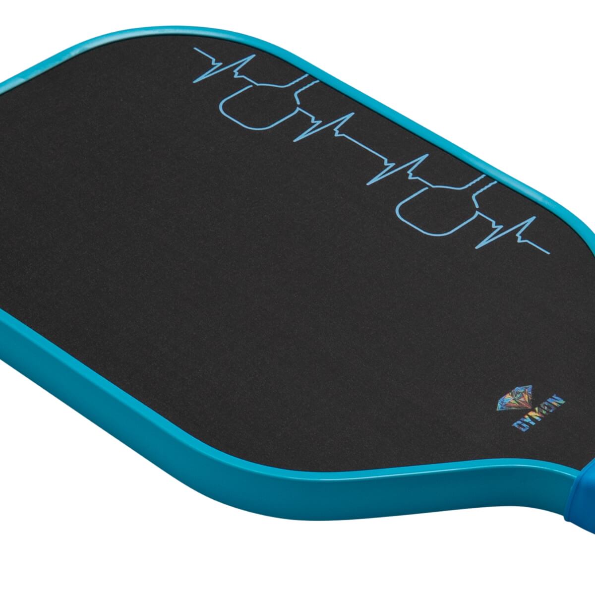 Close-up angled view of the black paddle face and teal edge guard, highlighting a blue heartbeat graphic with paddle shapes and a small DYMON logo.