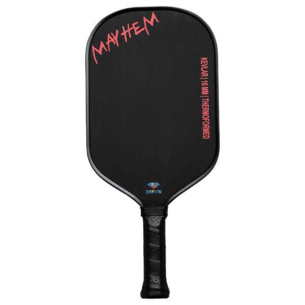Front view of a black pickleball paddle with red "MAYHEM" text, a diamond logo, and "KEYLAR 16 MM | THERMOFORMED" text.