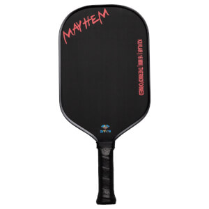 Front view of a black pickleball paddle with red "MAYHEM" text, a diamond logo, and "KEYLAR 16 MM | THERMOFORMED" text.