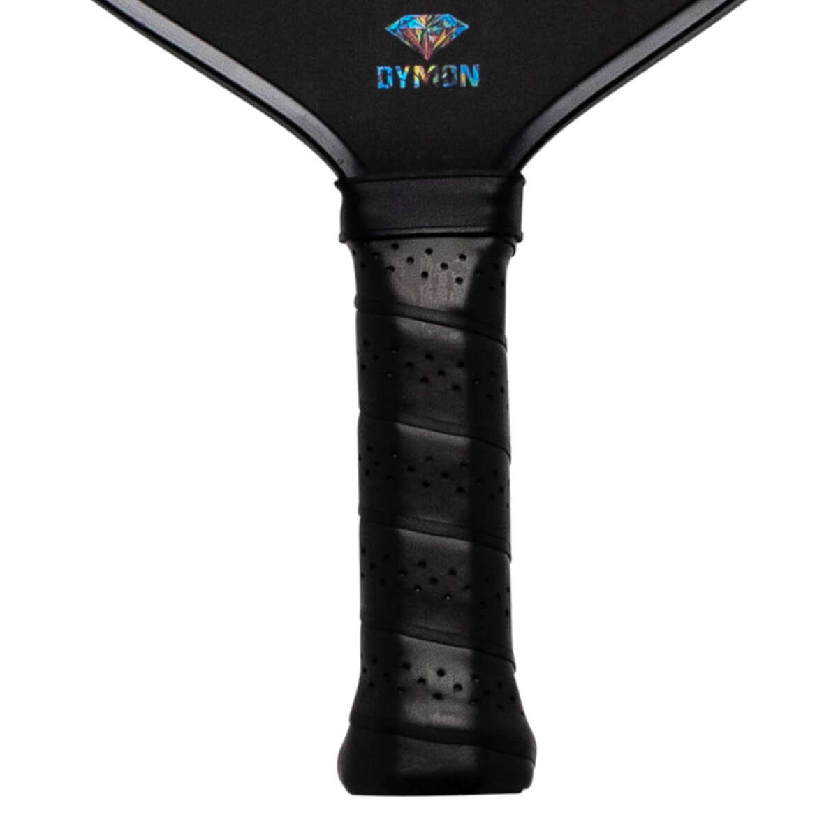 Close-up of the Dymon Mayhem paddle's black grip and the "DYMON" logo with a diamond design.