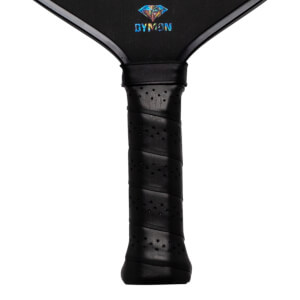 Close-up of the Dymon Mayhem paddle's black grip and the "DYMON" logo with a diamond design.
