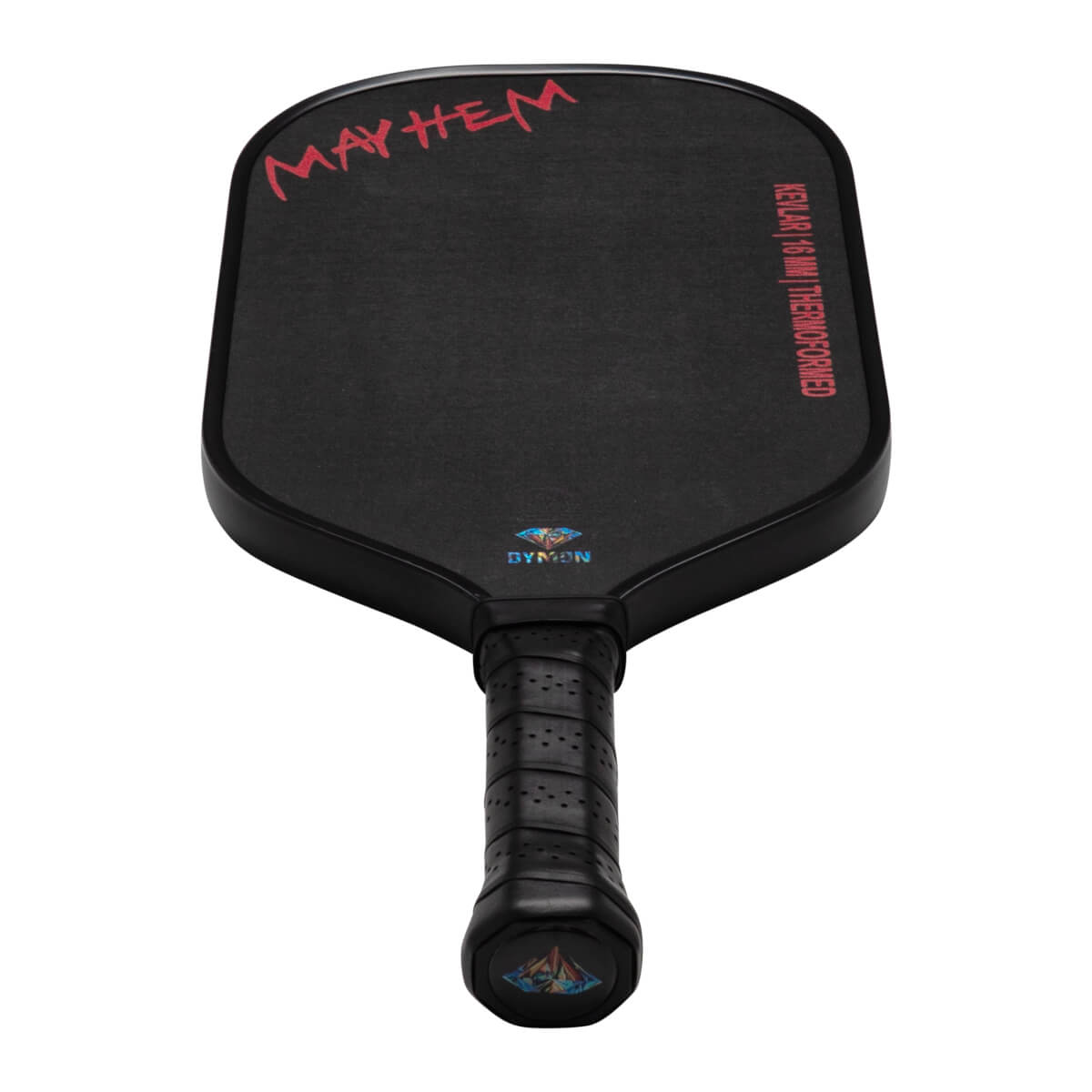 Front view of a black Dymon Mayhem pickleball paddle with red "MAYHEM" text and "Dymon" logo.