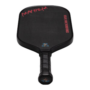 Front view of a black Dymon Mayhem pickleball paddle with red "MAYHEM" text and "Dymon" logo.