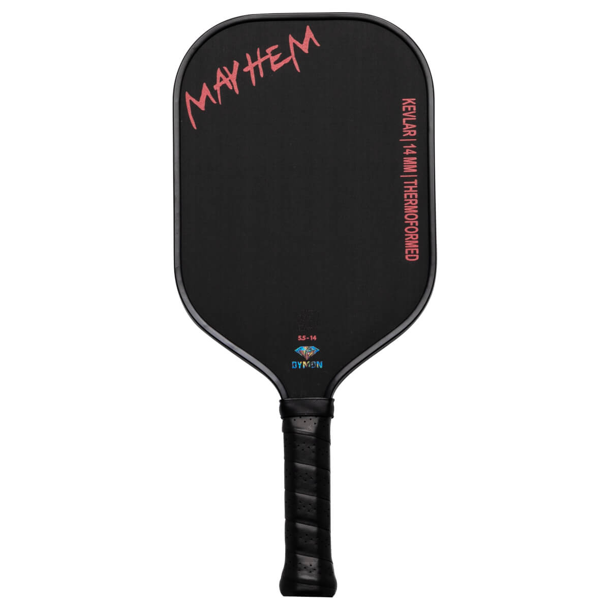 Front view of a black pickleball paddle with "MAYHEM" in pink script and "KEVLAR | 14MM | THERMOFORMED" text.