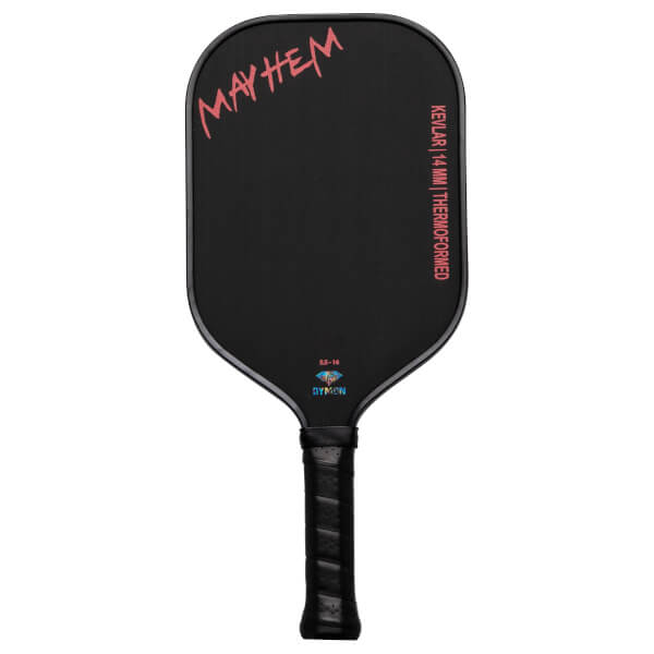 Front view of a black pickleball paddle with "MAYHEM" in pink script and "KEVLAR | 14MM | THERMOFORMED" text.