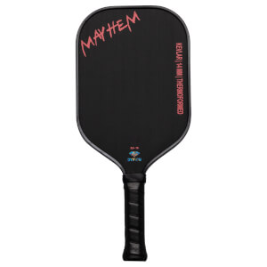 Front view of a black pickleball paddle with "MAYHEM" in pink script and "KEVLAR | 14MM | THERMOFORMED" text.