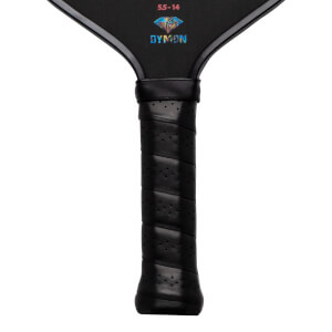 Close-up of a black pickleball paddle grip with perforations and the "DYMON" logo.
