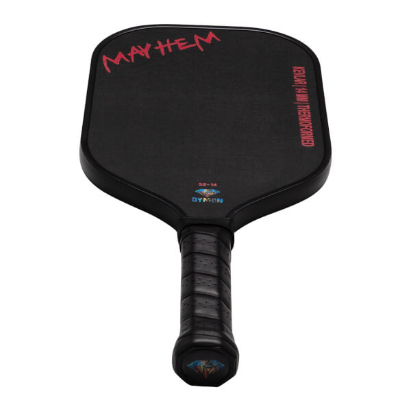 Front view of a black Dymon Mayhem pickleball paddle with red "MAYHEM" text and "DYMON" logo.
