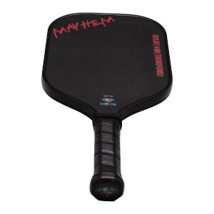 Front view of a black Dymon Mayhem pickleball paddle with red "MAYHEM" text and "DYMON" logo.