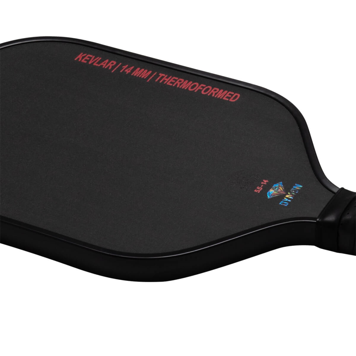 Close-up of a black pickleball paddle showing "KEVLAR | 14 MM | THERMOFORMED" in red and a "DYMON" logo.