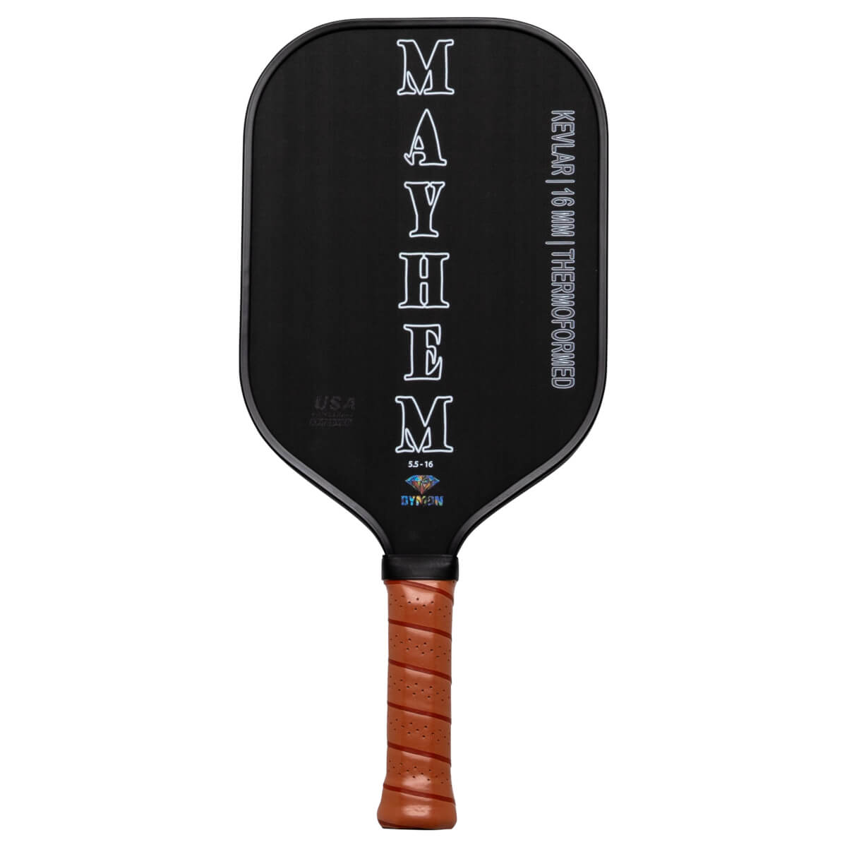 Front view of a black Dymon Mayhem paddle with white lettering, showing "MAYHEM" vertically and "KEVLAR | 16 MM | THERMOFORMED" horizontally.