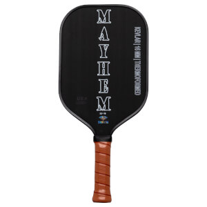 Front view of a black Dymon Mayhem paddle with white lettering, showing "MAYHEM" vertically and "KEVLAR | 16 MM | THERMOFORMED" horizontally.