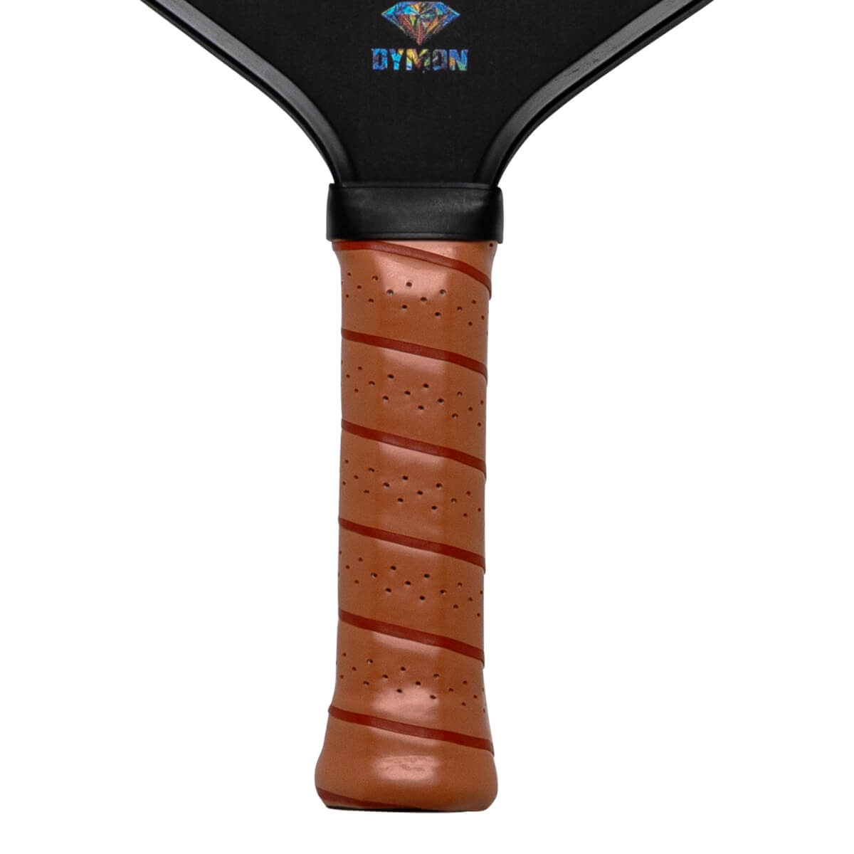 Close-up of the handle and neck of a Dymon pickleball paddle, showing the brown perforated grip with red spiral tape and the "DYMON" logo.