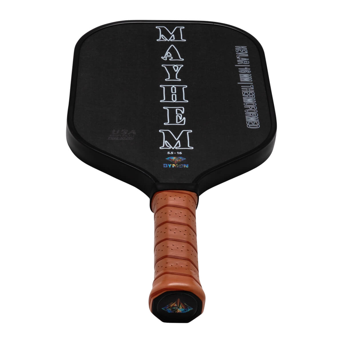 Front view of a black pickleball paddle with "MAYHEM" vertically printed, "KEVLAR 16 MM THERMOFORMED" text, and a brown grip.