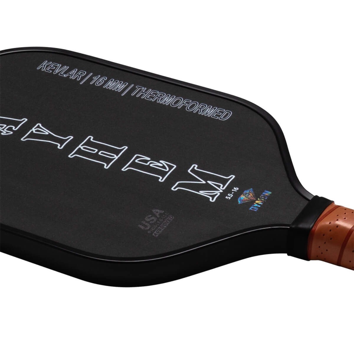 Corner view of the Dymon Mayhem paddle showing "KEVLAR | 16 MM | THERMOFORMED" and the "DYMON" logo.
