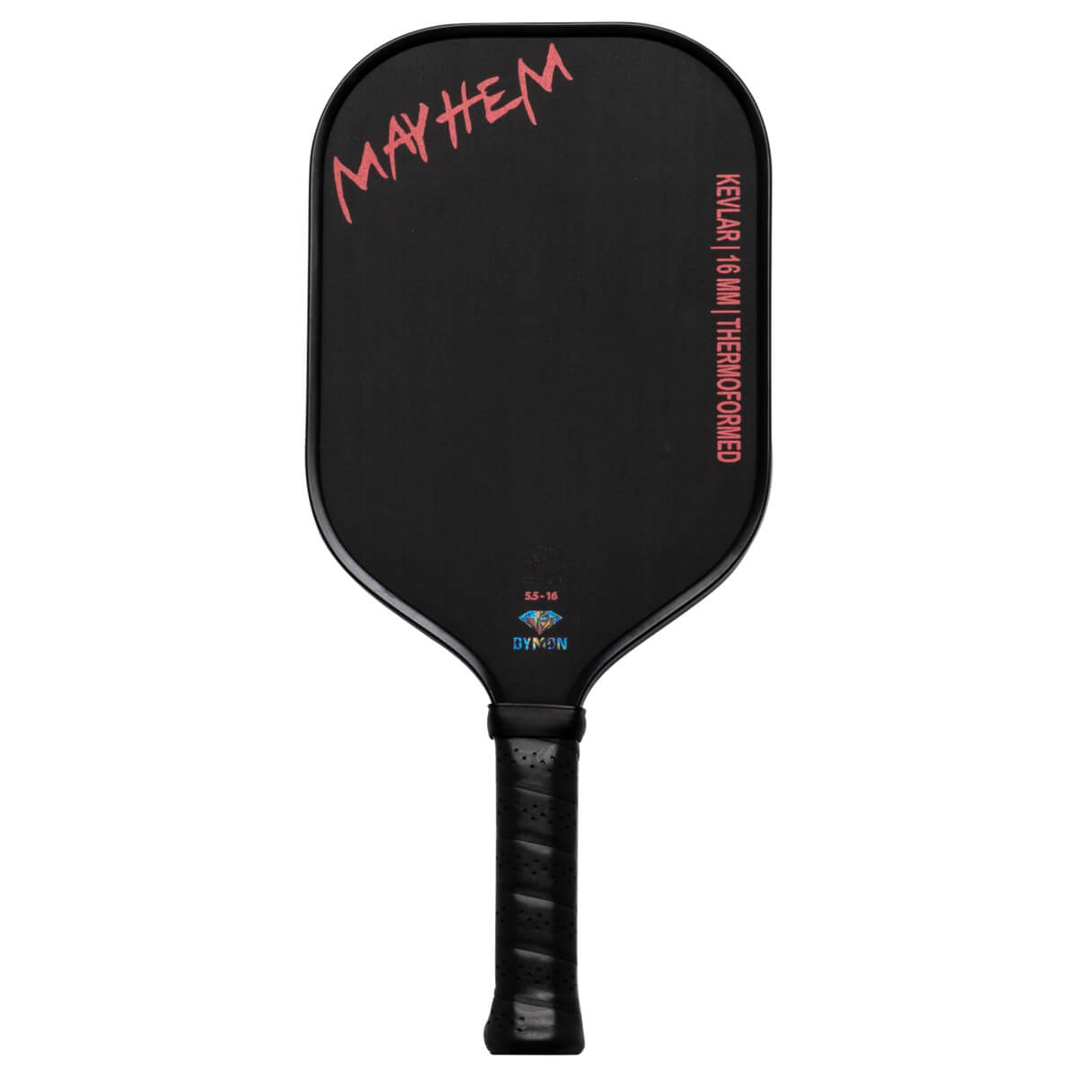 Front view of a black Dymon Mayhem paddle with "MAYHEM" in pink, "KEVLAR | 16 MM | THERMOFORMED" text, and the Dymon logo.