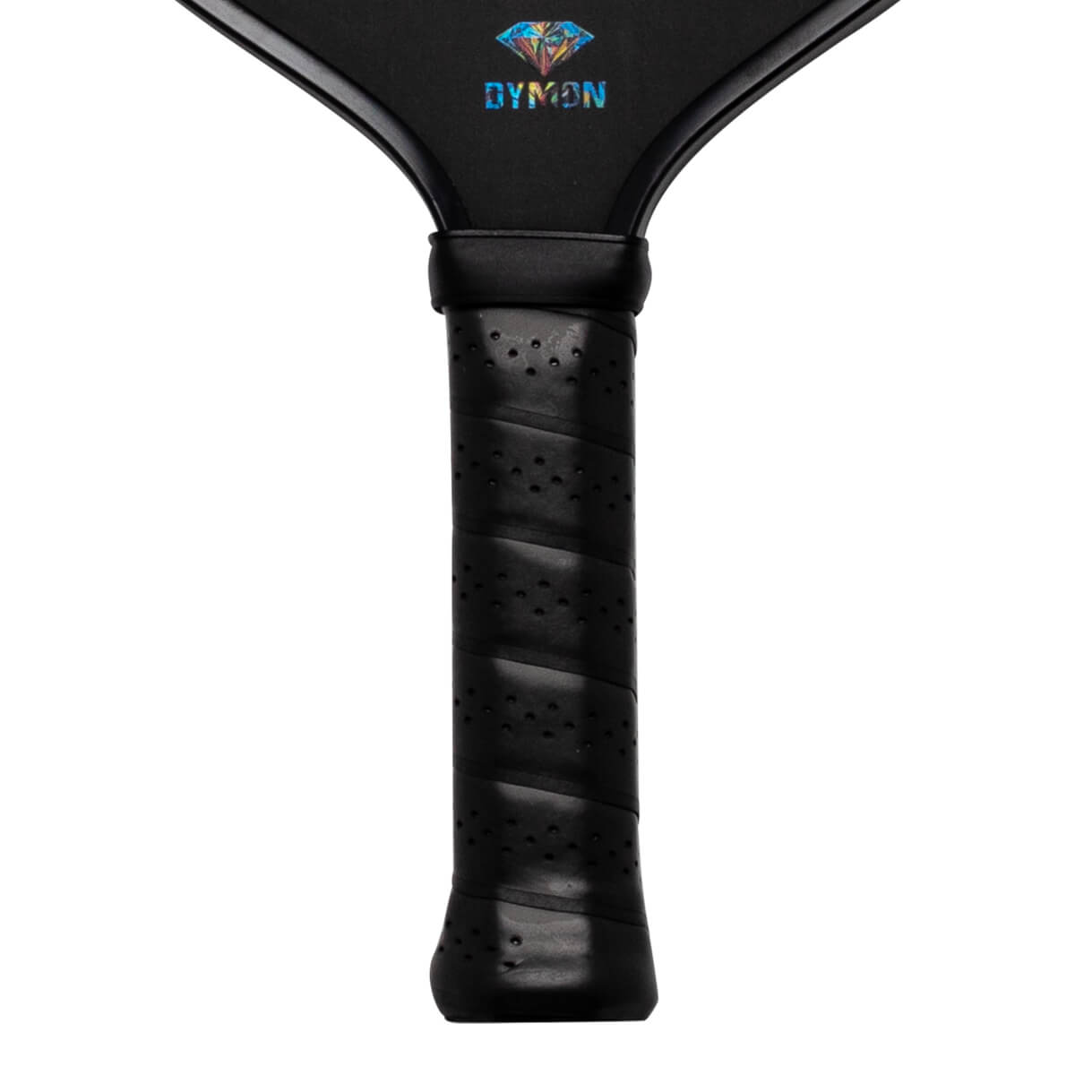 Close-up of a black pickleball paddle grip with perforated texture and the "DYMON" logo.