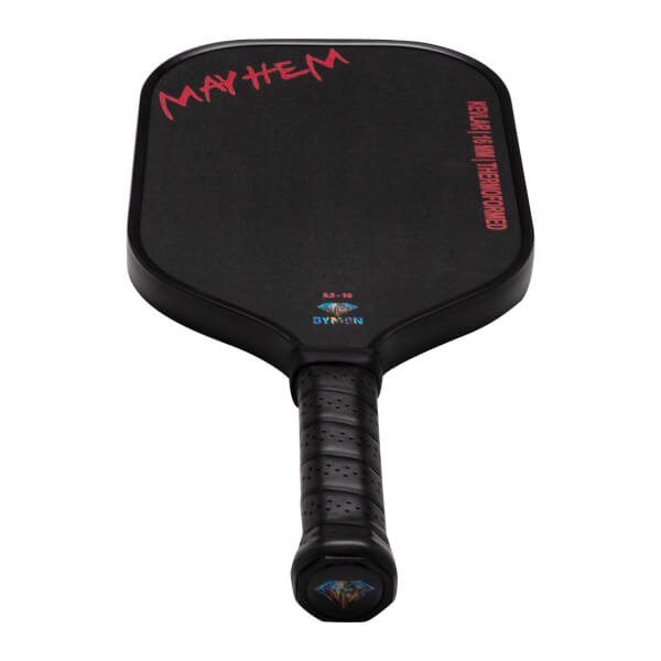 Front view of a black Dymon Mayhem pickleball paddle with red "MAYHEM" text and "DYMON" logo.