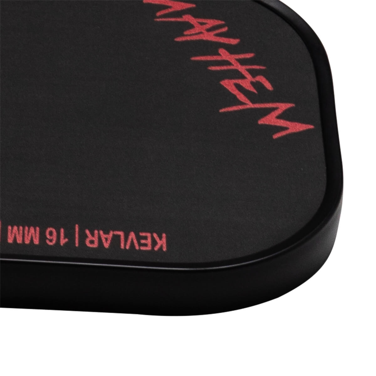 Corner view of a black product with red text reading "KEVLAR | 16 MM" and a stylized red logo.