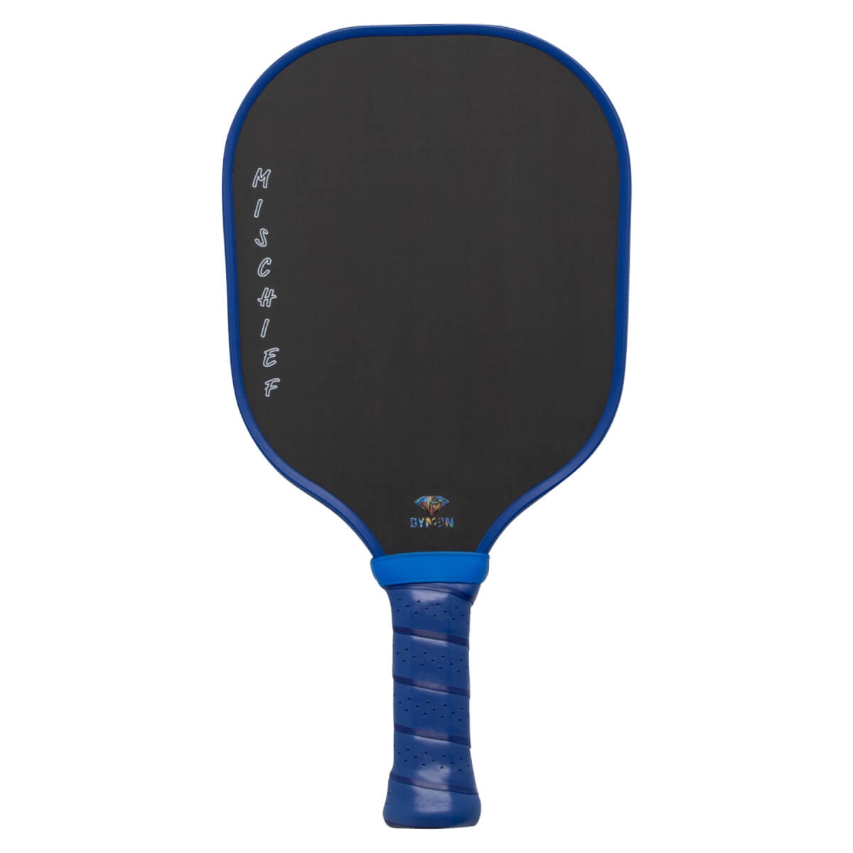 Front view of a black pickleball paddle with blue trim and grip, featuring vertical “MISCHIEF” text on the side and a “DYMON” logo at the bottom.