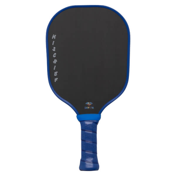 Front view of a black pickleball paddle with blue trim and grip, featuring vertical “MISCHIEF” text on the side and a “DYMON” logo at the bottom.