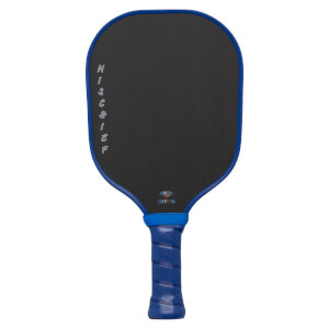Front view of a black pickleball paddle with blue trim and grip, featuring vertical “MISCHIEF” text on the side and a “DYMON” logo at the bottom.