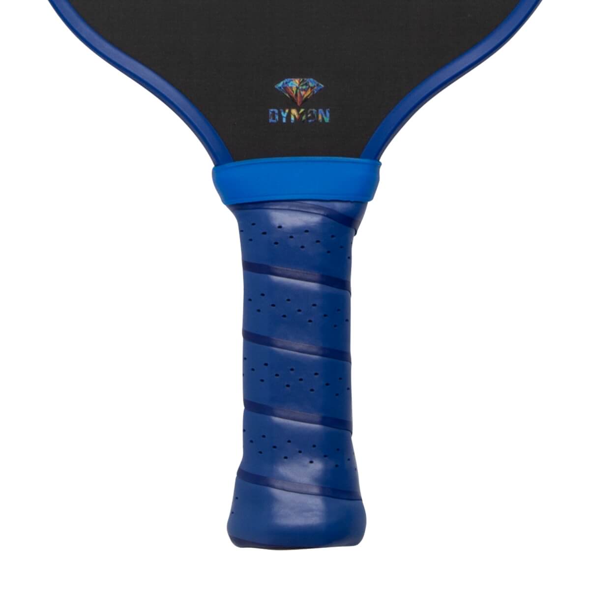 Close-up of the blue perforated handle and black paddle face featuring a colorful diamond logo and the word DYMON.