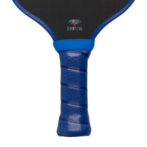 Close-up of the blue perforated handle and black paddle face featuring a colorful diamond logo and the word DYMON.