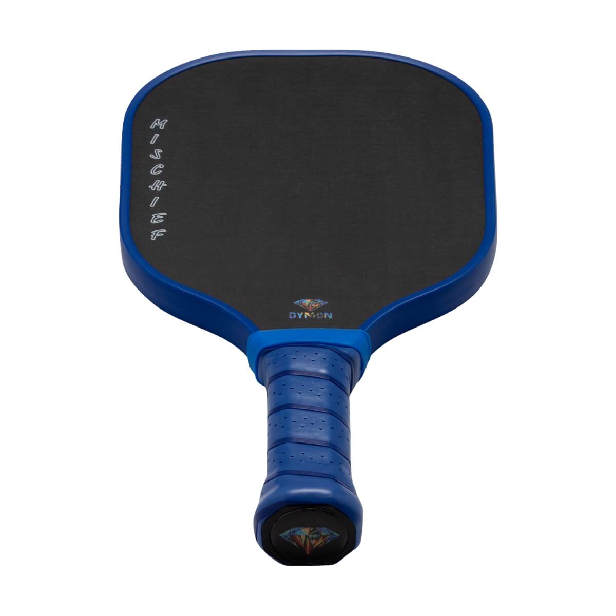 Front view of a blue and black pickleball paddle featuring "MISCHIEF" and "DYMON" text on the carbon fiber face and a diamond logo on the handle's base.