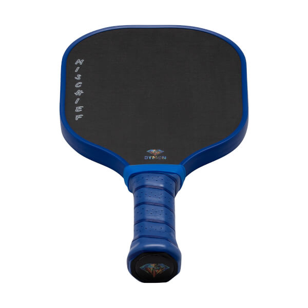 Front view of a blue and black pickleball paddle featuring "MISCHIEF" and "DYMON" text on the carbon fiber face and a diamond logo on the handle's base.