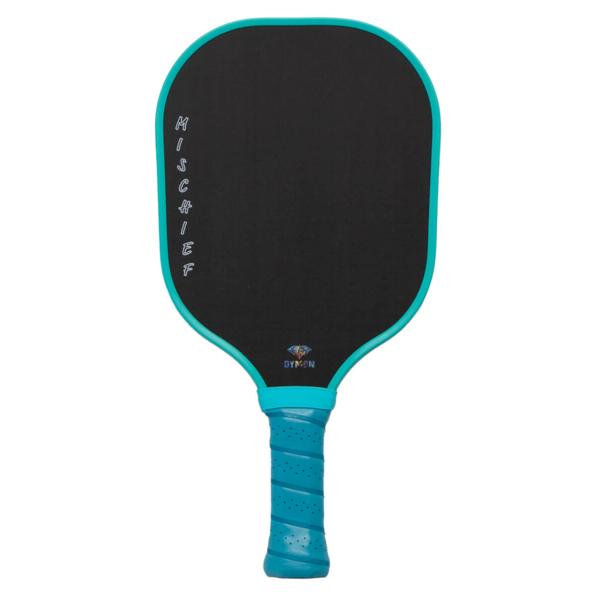 Front view: black carbon fiber pickleball paddle with teal trim and handle featuring vertical "Mischief" text and a "DYMON" logo at the bottom center.