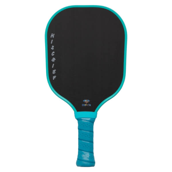 Front view: black carbon fiber pickleball paddle with teal trim and handle featuring vertical "Mischief" text and a "DYMON" logo at the bottom center.