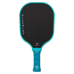 Front view: black carbon fiber pickleball paddle with teal trim and handle featuring vertical "Mischief" text and a "DYMON" logo at the bottom center.