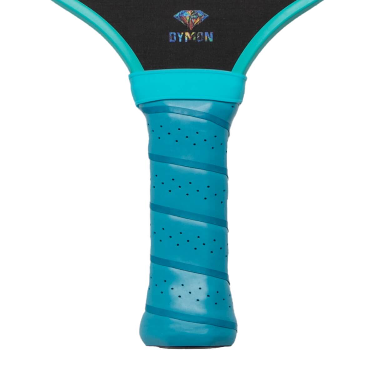 Close-up of the teal perforated grip handle and the bottom of the black paddle face featuring a multicolored diamond logo and the word DYMON.