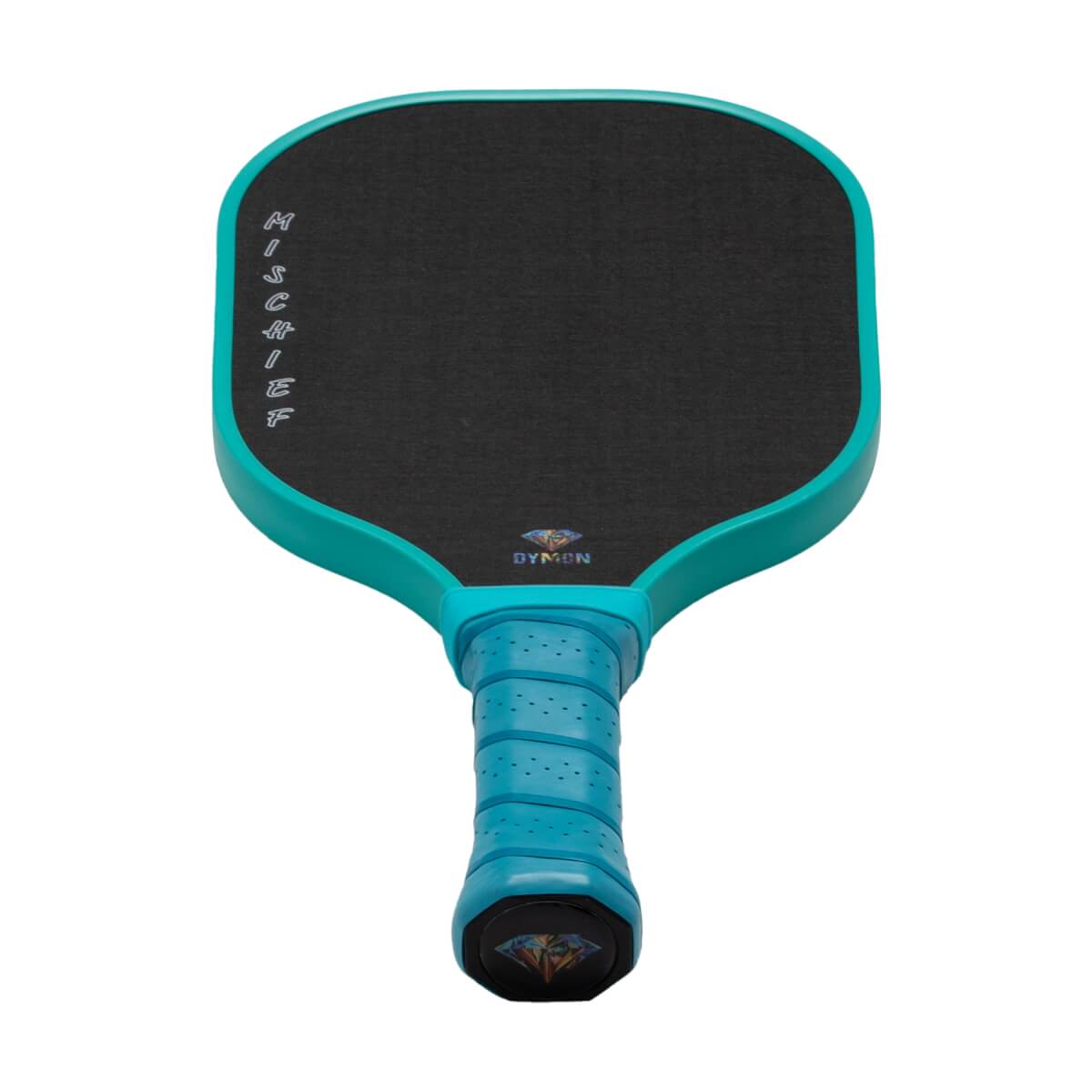 Front view of a teal and black pickleball paddle with "MISCHIEF" on the black face and a teal grip featuring the "DYMON" diamond logo at the base.