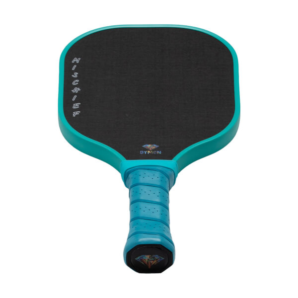 Front view of a teal and black pickleball paddle with "MISCHIEF" on the black face and a teal grip featuring the "DYMON" diamond logo at the base.
