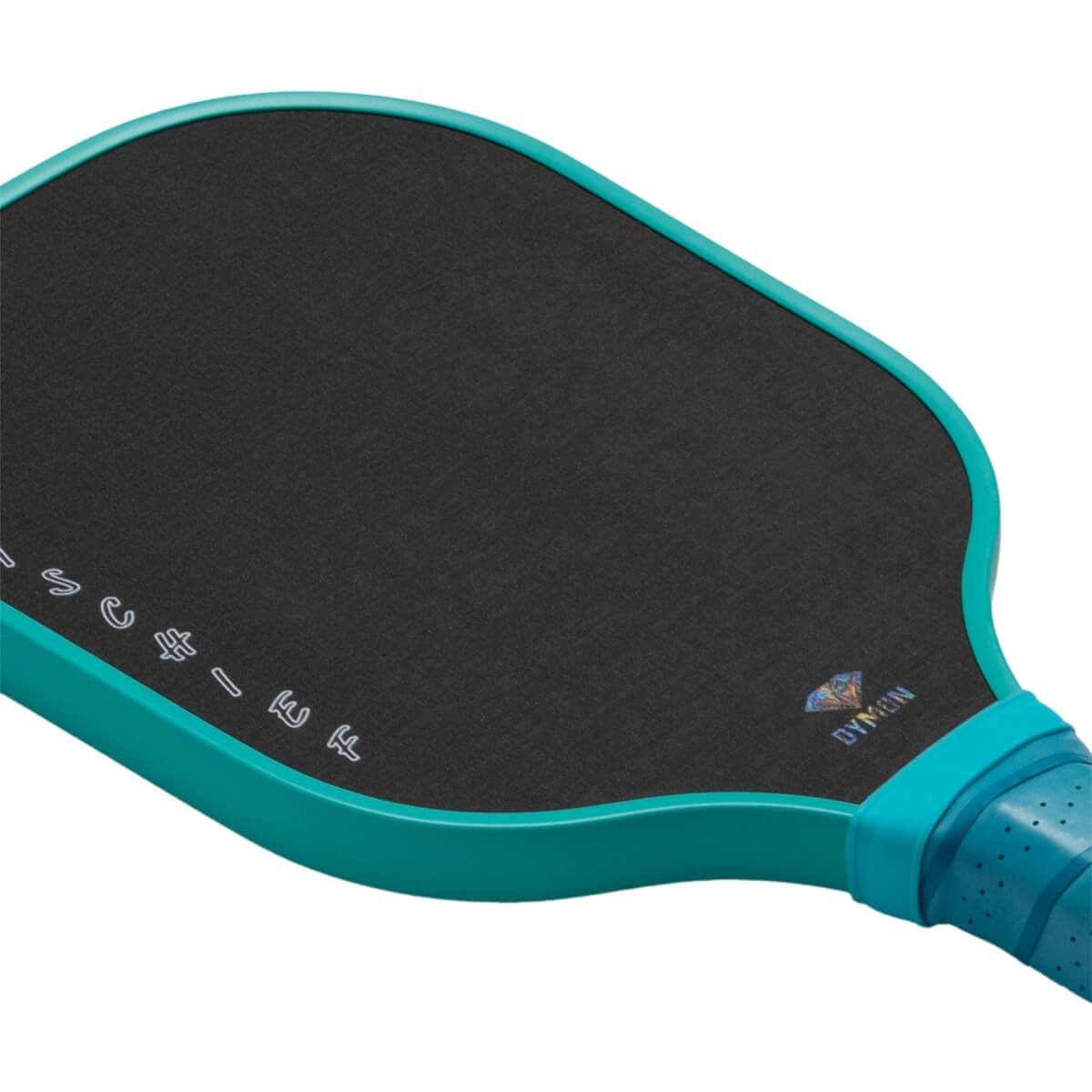 Angled close-up of a teal-trimmed pickleball paddle with a black face featuring stylized "MISCHIEF" text and a colorful "DYMON" diamond logo above the blue textured handle.
