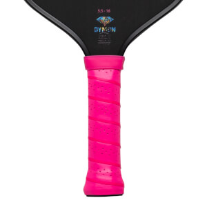 Close-up of a black pickleball paddle with a bright pink grip, showing the "DYMON" logo and "5.5-16" text.