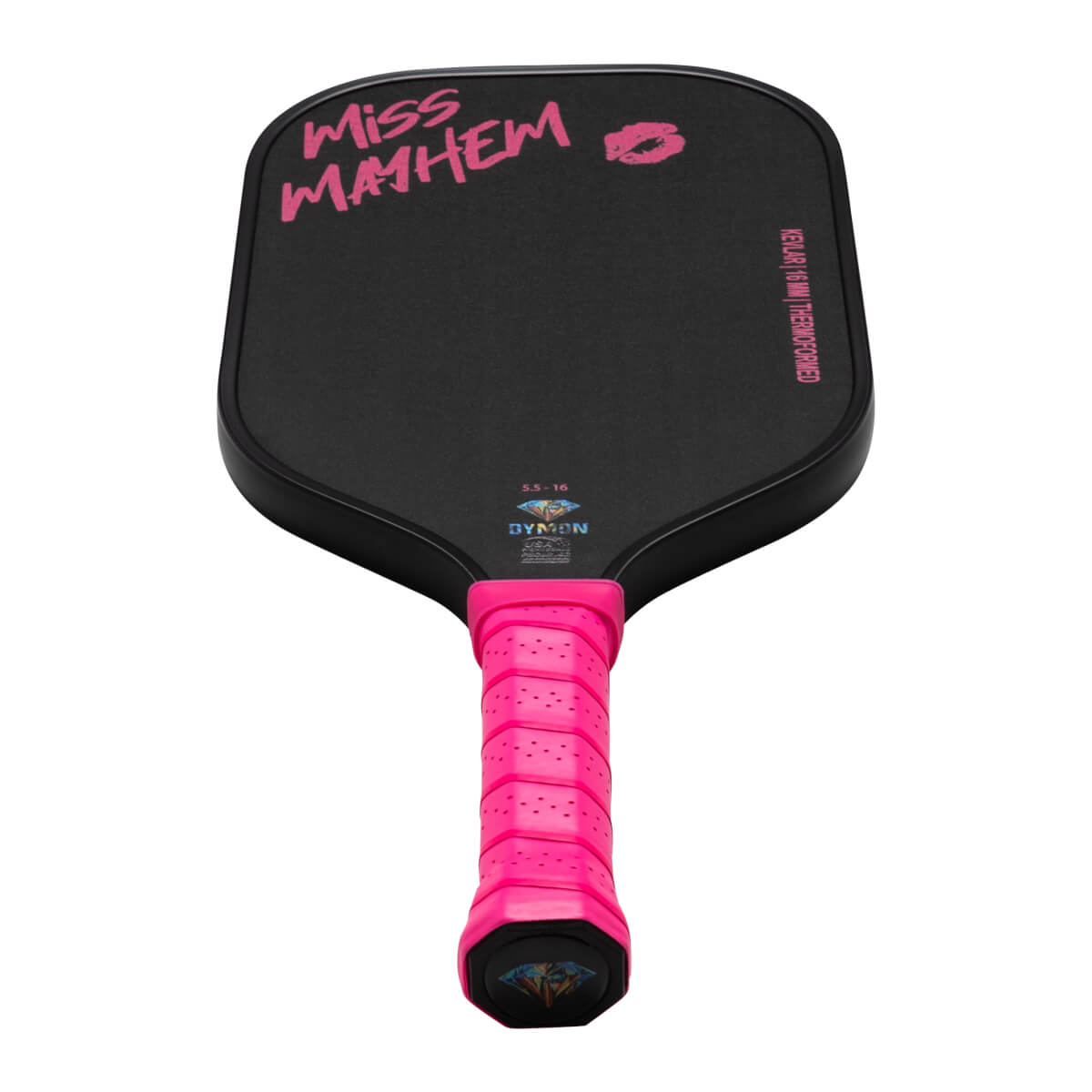 Front view of a black pickleball paddle with "Miss Mayhem" and a pink lip print in pink, and "KEVLAR 16 MM THERMOFORMED" text.