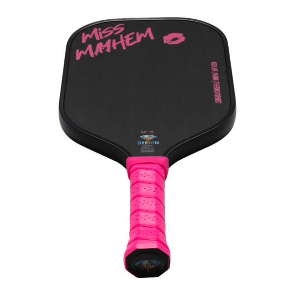 Front view of a black pickleball paddle with "Miss Mayhem" and a pink lip print in pink, and "KEVLAR 16 MM THERMOFORMED" text.