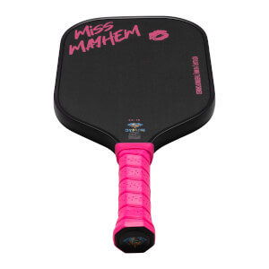 Front view of a black pickleball paddle with "Miss Mayhem" and a pink lip print in pink, and "KEVLAR 16 MM THERMOFORMED" text.