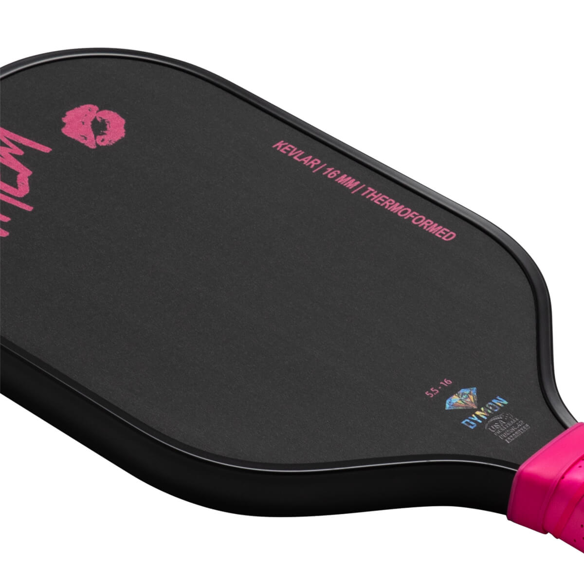 Top-down view of a black pickleball paddle with pink lettering "KEVLAR | 16 MM | THERMOFORMED" and a pink grip.
